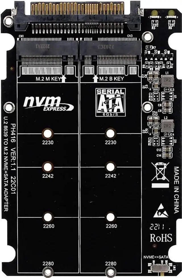 Main image of PH416PCBA Dual Protocol M.2 to U.2 SFF-8639 Adapter Card, PCIe 3.0 X4 NVMe M-Key + SATA B-Key NGFF Converter Supports 2230/2242/2260/2280 M.2 SSD & 2.5 U.2 Drives