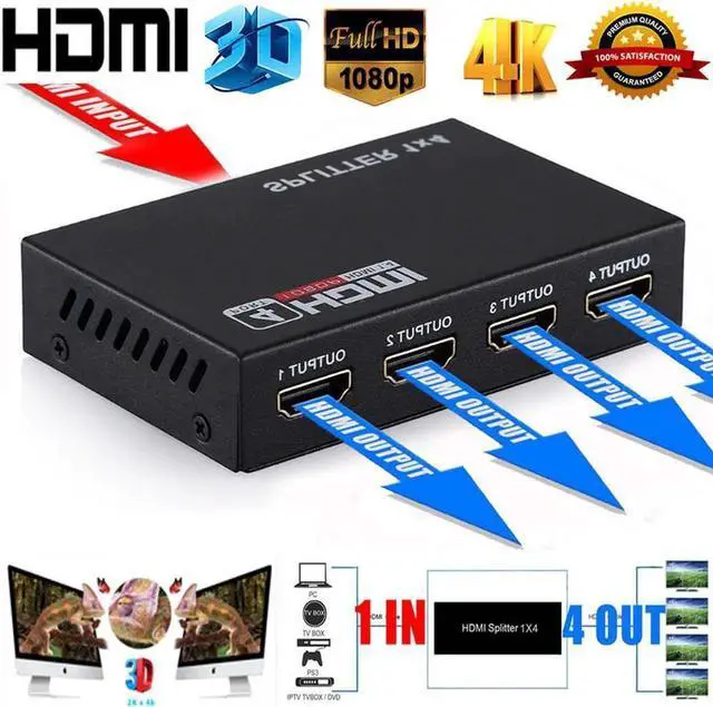 Main image of 1 in 4 Out HDMI Splitter 1x4, 4K@30Hz 3D Full HD 1080P HDMI Video Distributor Duplicates Single Source to Four Displays