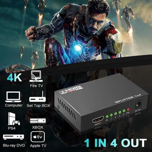 Alt view image 2 of 7 - 1 in 4 Out HDMI Splitter 1x4, 4K@30Hz 3D Full HD 1080P HDMI Video Distributor Duplicates Single Source to Four Displays