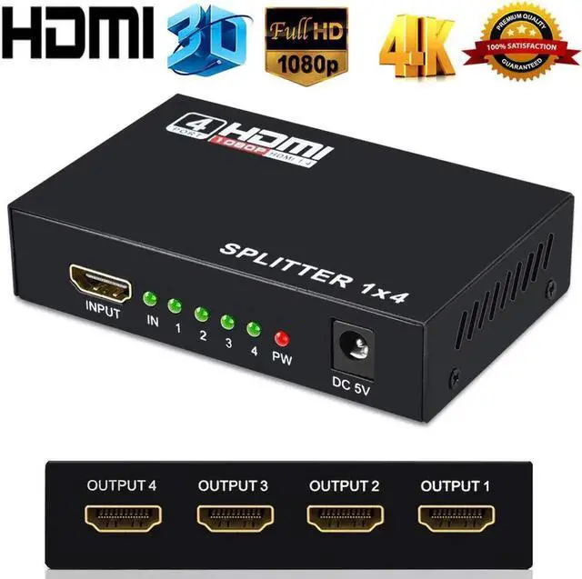 Main image of 1 in 4 Out Powered HDMI Splitter 1x4, HDMI V1.4 Splitter Box with Power Adapter, Support 4K@30Hz 1080P Full HD & 3D Video for Synchronous Mirror Display