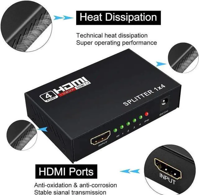 Alt view image 5 of 7 - 1 in 4 Out Powered HDMI Splitter 1x4, HDMI V1.4 Splitter Box with Power Adapter, Support 4K@30Hz 1080P Full HD & 3D Video for Synchronous Mirror Display