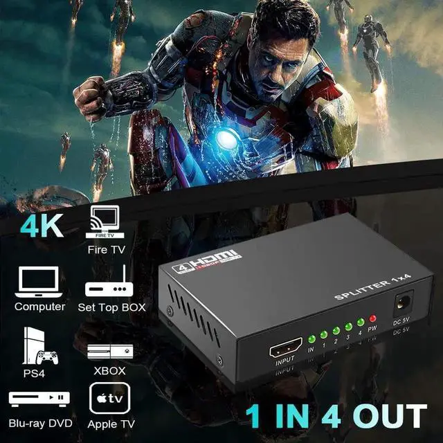 Alt view image 3 of 7 - 1 in 4 Out Powered HDMI Splitter 1x4, HDMI V1.4 Splitter Box with Power Adapter, Support 4K@30Hz 1080P Full HD & 3D Video for Synchronous Mirror Display