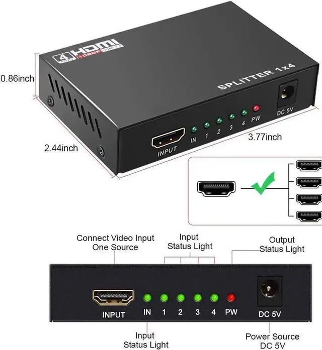 Alt view image 4 of 7 - 1 in 4 Out 1x4 HDMI Splitter Video Distributor, Support 4K@30Hz, Full HD 1080P & 3D Video for Synchronous Mirror Display