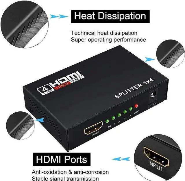 Alt view image 6 of 7 - 1 in 4 Out 1x4 HDMI Splitter Video Distributor, Support 4K@30Hz, Full HD 1080P & 3D Video for Synchronous Mirror Display