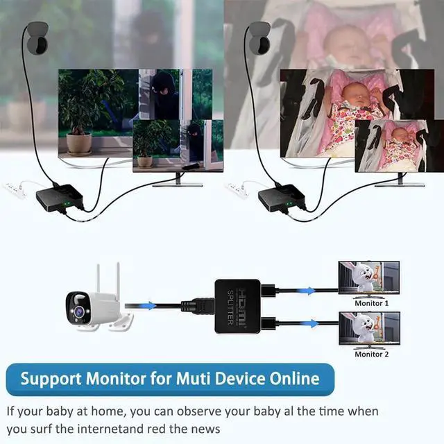 Alt view image 5 of 7 - 1 in 2 Out HDMI Splitter with 5FT HDMI Cable, 4K UHD Mirror Display Splitter Duplicates Single Source to Two Monitors Simultaneously
