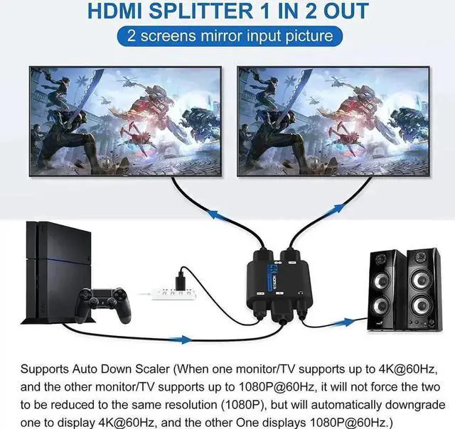 Alt view image 5 of 7 - AUBEAMTO 1x2 HDMI Splitter 1 in 2 Out, 4K@60Hz HDMI 2.0b Splitter for Dual Monitors, Auto Scaling, HDR10, HDCP2.2, RGB 8:8:8, 3D Compatible with Xbox, PS4/PS5, Fire Stick, Cable Box