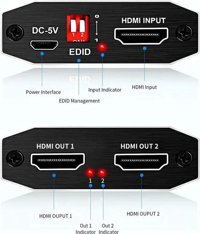 Alt view image 3 of 7 - 1 in 2 Out HDMI Splitter 1x2 with 4 Adjustable EDID Modes, HDMI 2.0b 4K@60Hz Dual Monitor Splitter, Supports HDCP2.2, RGB 4:4:4, 3D & Full HD 1080P for Gaming & Office Display