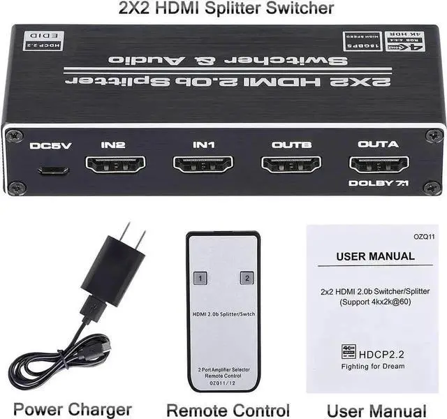 Alt view image 3 of 7 - 2 in 2 Out HDMI 2.0b Switch Splitter with Audio Extractor, 4K@60Hz HDR HDMI Converter with HDMI / 3.5mm AUX / Toslink SPDIF Audio Output, HDCP 2.2 & RGB 4:2:2 Supported for 4K TV Home Theater