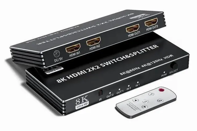 Main image of 2x2 HDMI 2.1 Matrix Switch with IR Remote Control, 2 In 2 Out 8K@60Hz 4K@120Hz Video Splitter Converter HDCP2.3 HDR10 HDR10+ 3D