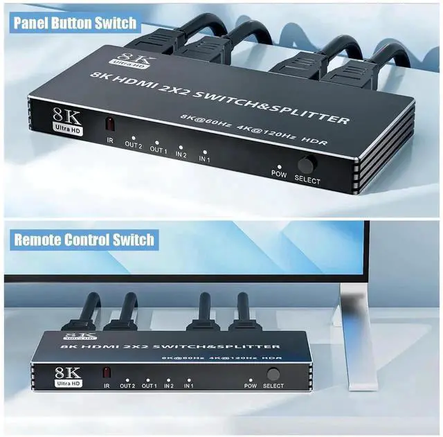 Alt view image 3 of 7 - 2x2 HDMI 2.1 Matrix Switch with IR Remote Control, 2 In 2 Out 8K@60Hz 4K@120Hz Video Splitter Converter HDCP2.3 HDR10 HDR10+ 3D