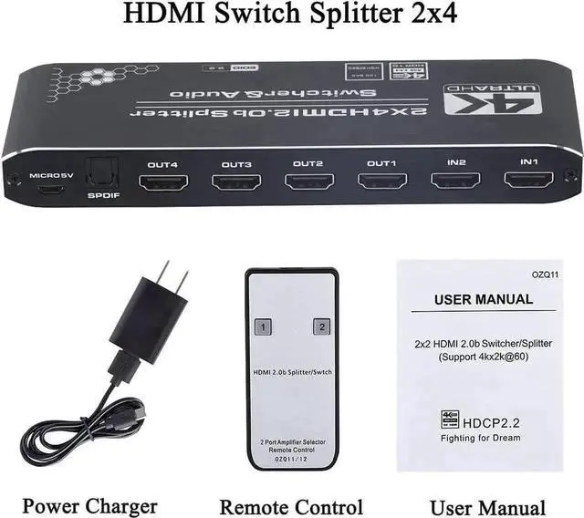 Alt view image 5 of 7 - 2×4 HDMI 2.0b Matrix Switch with Audio Extractor & IR Remote, 4K@60Hz HDR RGB4:4:4 Video Splitter, SPDIF Optical + 3.5mm Stereo Audio Output HDCP2.2