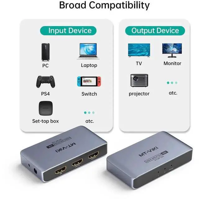 Alt view image 3 of 6 - MT-VIKI Aluminum HDMI 2.1 1 in 2 Out Mirror Splitter 40Gbps 8K@60Hz 4K@120Hz HDCP2.3 EDID Non-Bidirectional Dual Monitor Splitter