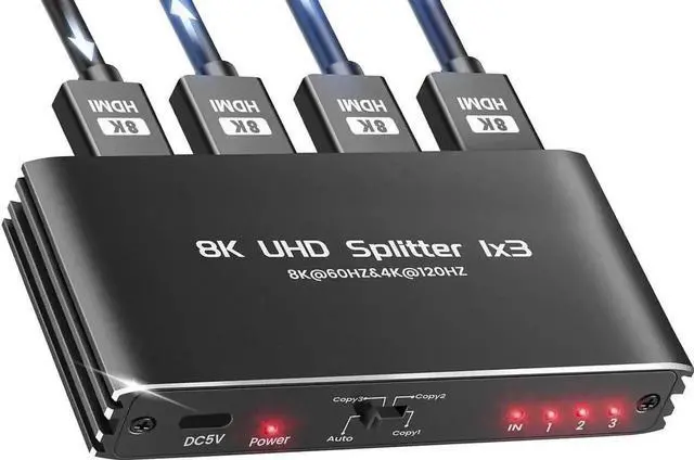 Main image of Powered 1 in 3 Out HDMI 2.1 Splitter 1x3 Mirror Duplicate Adapter 8K@60Hz 4K@120Hz Single Source to Three Identical Displays