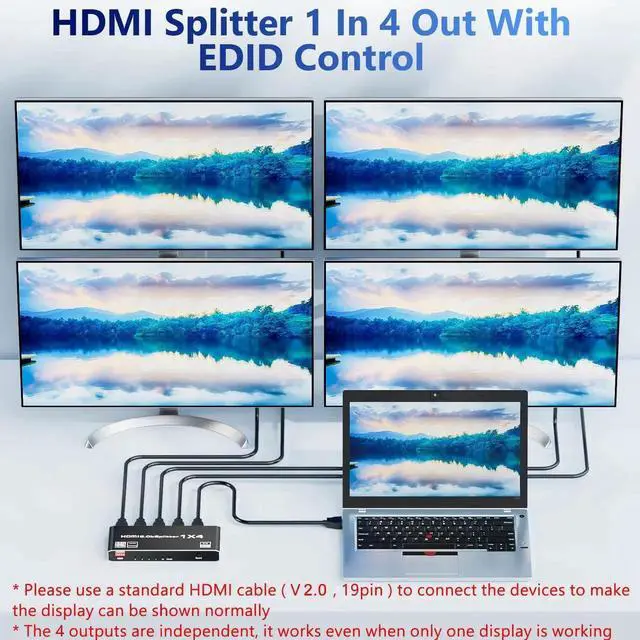 Alt view image 2 of 7 - 1 in 4 Out HDMI 2.0 Splitter 1×4 Mirror Distributor, 18Gbps 4K@60Hz HDR 8:8:8 HDCP2.2 Auto EDID Support Dolby Multichannel Audio UHD 3D