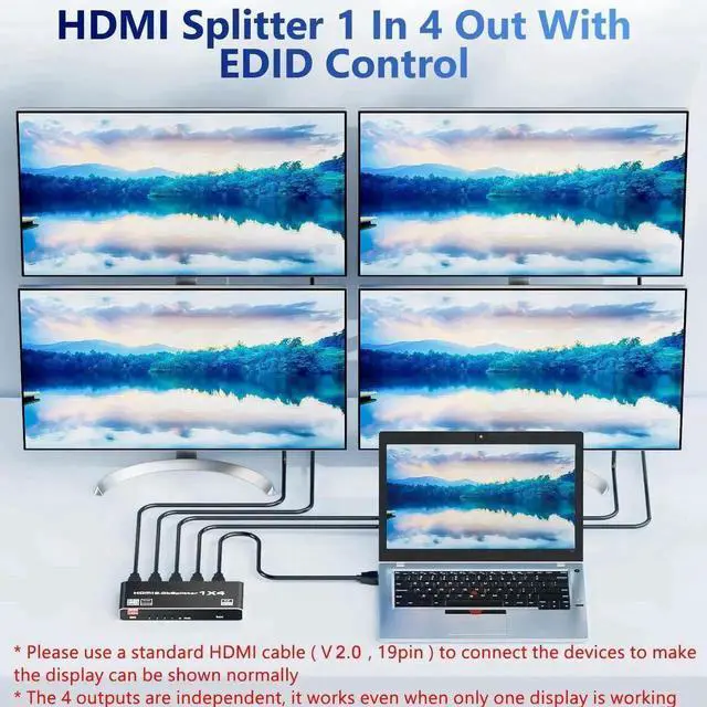 Alt view image 2 of 7 - 1×4 HDMI 2.0 Splitter 1 in 4 Out Mirror Distributor, 18Gbps 4K@60Hz HDR 8:8:8 HDCP2.2 Auto EDID, Dolby Multichannel Audio UHD 3D Video Distributor