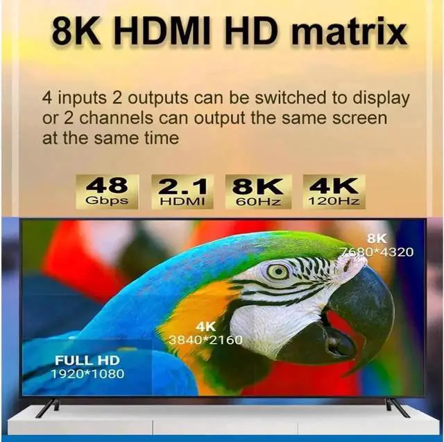 Alt view image 6 of 7 - 4×2 HDMI 2.1 48Gbps 8K Matrix Switch with US Power Adapter & IR Remote, 4 In 2 Out 8K@60Hz 4K@120Hz HDR Scaler Splitter HDCP2.3 UHD Video Distributor