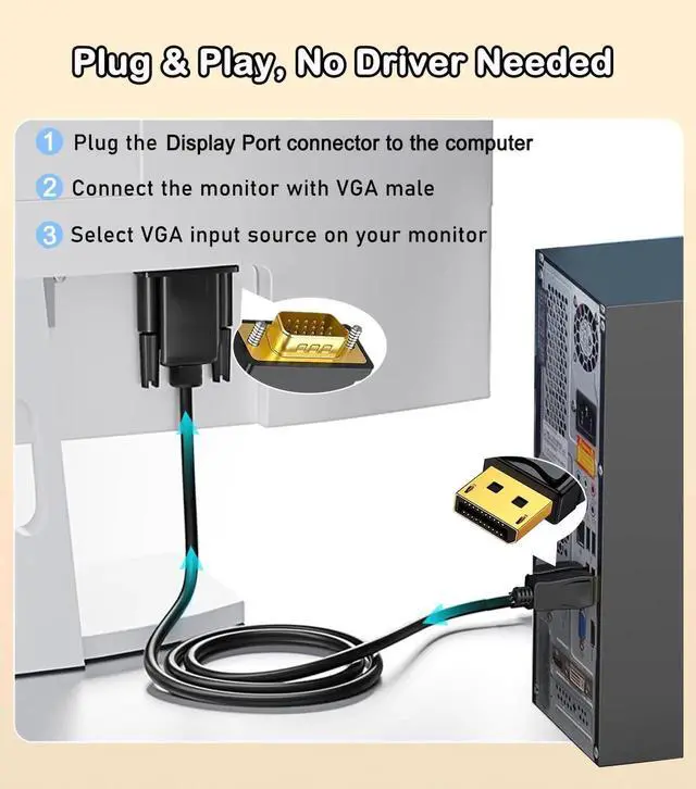 Alt view image 2 of 7 - 6FT DisplayPort to VGA Cable 1080P@60Hz Gold-Plated DP Male to VGA Male Video Cord, Unidirectional Only for DP Source to VGA Display