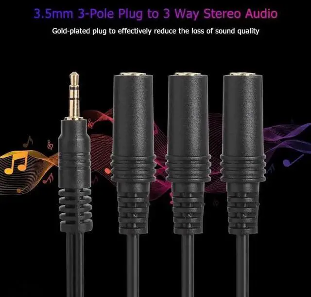 Alt view image 6 of 6 - 3.5mm 3-Pole Male to 3-Way Female Stereo Audio Y Splitter Cable, Gold Plated PVC AUX Headphone Splitter Adapter Cord