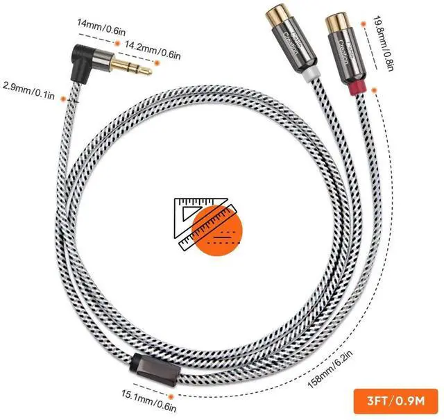 Alt view image 3 of 7 - 3FT/0.92M Right Angle 3.5mm Male to Dual 2RCA Female Stereo Audio Y Cable, Gold Plated Mini AUX AV Adapter Cord Compatible with iPhone iPod MP3 Tablets HiFi Speakers