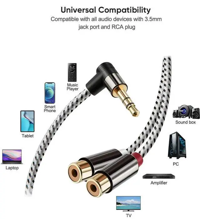 Alt view image 6 of 7 - 3FT/0.92M Right Angle 3.5mm Male to Dual 2RCA Female Stereo Audio Y Cable, Gold Plated Mini AUX AV Adapter Cord Compatible with iPhone iPod MP3 Tablets HiFi Speakers