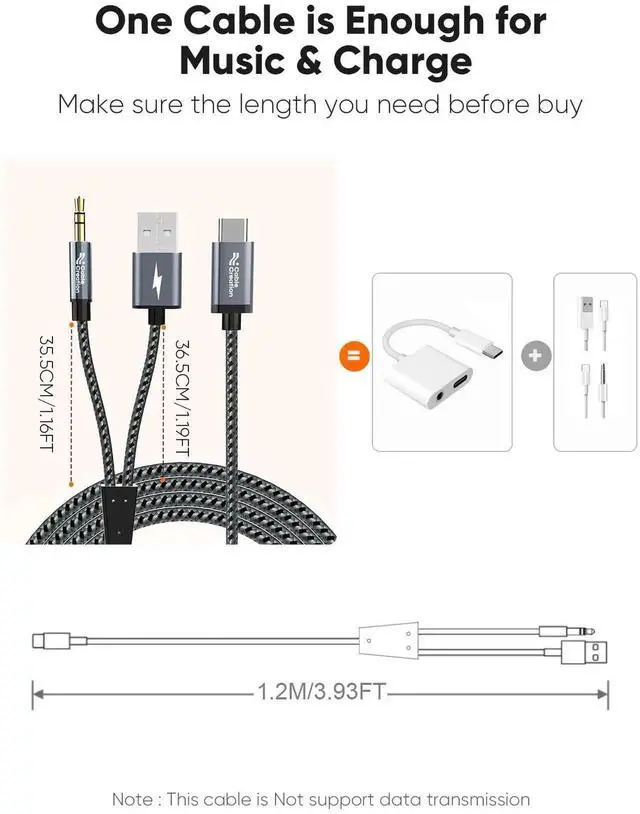 Alt view image 6 of 7 - 2-in-1 USB C to 3.5mm Car Aux Audio Cable with PD 18W Charging, Type C to 1/8 Aux Jack Stereo Cord Compatible with iPhone 16/15 Pro Max/Plus, Galaxy S24/S23+, Google Pixel 9/8/7+