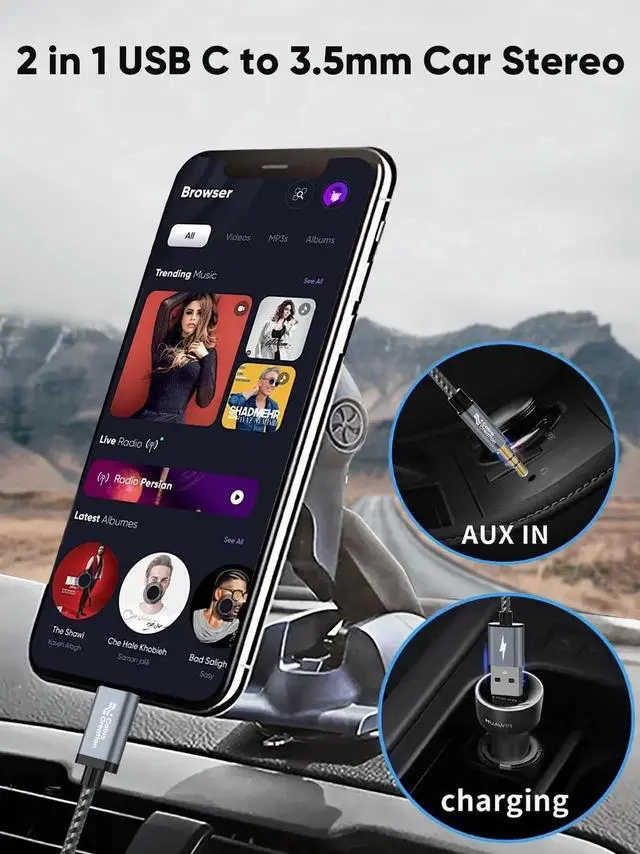Alt view image 5 of 7 - 2-in-1 USB C to 3.5mm Car Aux Audio Cable with PD 18W Charging, Type C to 1/8 Aux Jack Stereo Cord Compatible with iPhone 16/15 Pro Max/Plus, Galaxy S24/S23+, Google Pixel 9/8/7+