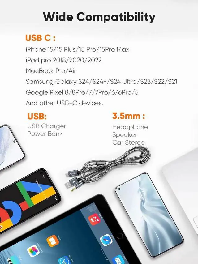 Alt view image 3 of 7 - 2-in-1 USB C to 3.5mm Car Aux Audio Cable with PD 18W Charging, Type C to 1/8 Aux Jack Stereo Cord Compatible with iPhone 16/15 Pro Max/Plus, Galaxy S24/S23+, Google Pixel 9/8/7+
