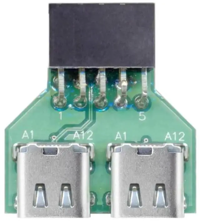 Main image of Dual USB-C Female to USB 2.0 Motherboard Header Adapter, 9Pin/10Pin Internal PCBA Converter, 480Mbps USB 2.0 Speed for PC Front Panel