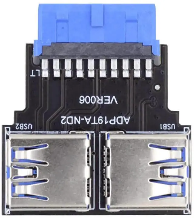 Alt view image 7 of 7 - Dual USB 3.0 Type-A Female to 20/19 Pin Motherboard Header Adapter, Horizontal 5Gbps PCBA USB Internal Slot Connector