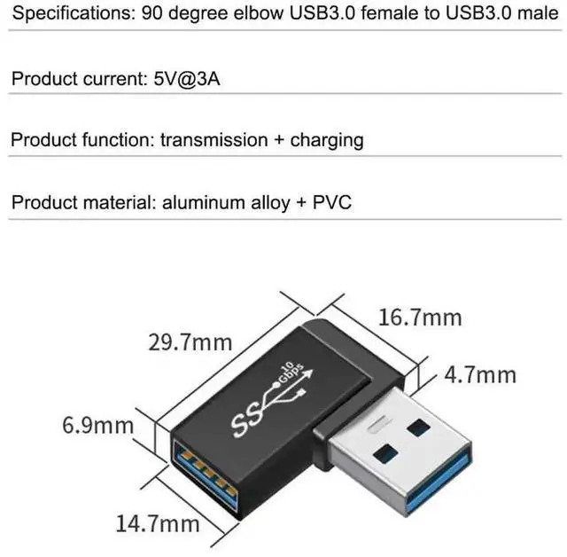Alt view image 4 of 5 - 2 Pack Black 90 Degree Right Angle USB 3.0 Male to Female Adapter, Low Profile USB Extension Converter for External Hard Drive, Flash Drive, WiFi Adapter, Camera, Mouse Keyboard
