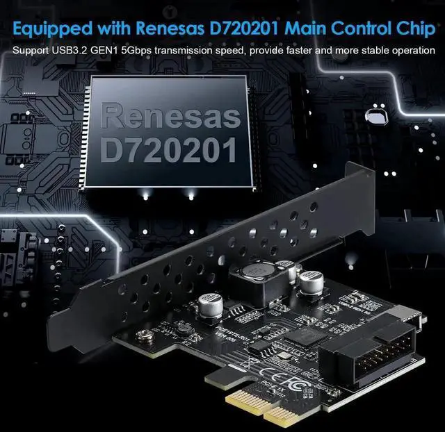 Alt view image 2 of 7 - PCIe X1 USB 3.2 Gen1 Expansion Card, 5Gbps PCI Express Riser with 20Pin Type-E Front Panel Header + 19Pin USB3.0 Internal Socket for Desktop Motherboard