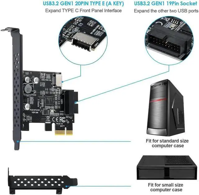 Alt view image 4 of 7 - PCIe X1 USB 3.2 Gen1 Expansion Card, 5Gbps PCI Express Riser with 20Pin Type-E Front Panel Header + 19Pin USB3.0 Internal Socket for Desktop Motherboard