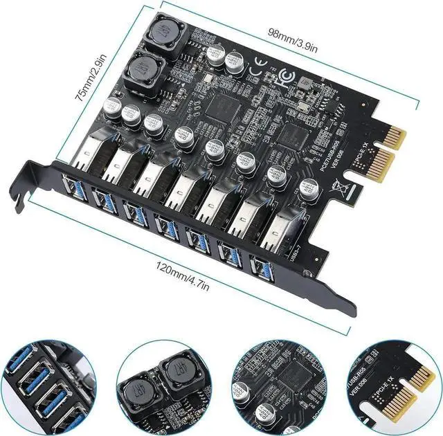 Alt view image 4 of 7 - 7-Port PCIe USB 3.0 Expansion Card, PCI Express USB Hub Controller Adapter Supporting 7 Simultaneous Devices, Compatible Windows XP/Vista/7/8/10/11 32&64 Bit