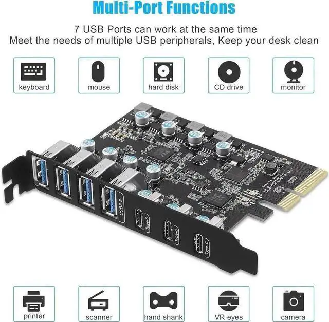 Alt view image 4 of 7 - 7-Port PCIe USB 3.2 Gen2 Expansion Card, 10Gbps Super Speed PCI Express Hub Adapter (3×USB-C + 4×USB-A), Compatible PCIe X4/X8/X16 Slots for Desktop Motherboard