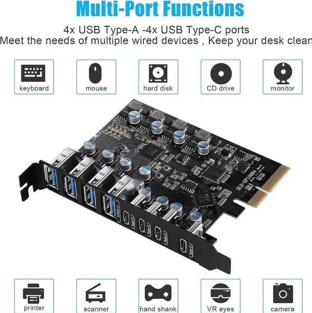Alt view image 7 of 7 - 8-Port PCI-E USB 3.2 Gen2 Expansion Card, 4 USB-A + 4 USB-C 10Gbps PCI Express Hub Adapter, Compatible PCIe x4/x8/x16 Slot for Desktop Motherboard