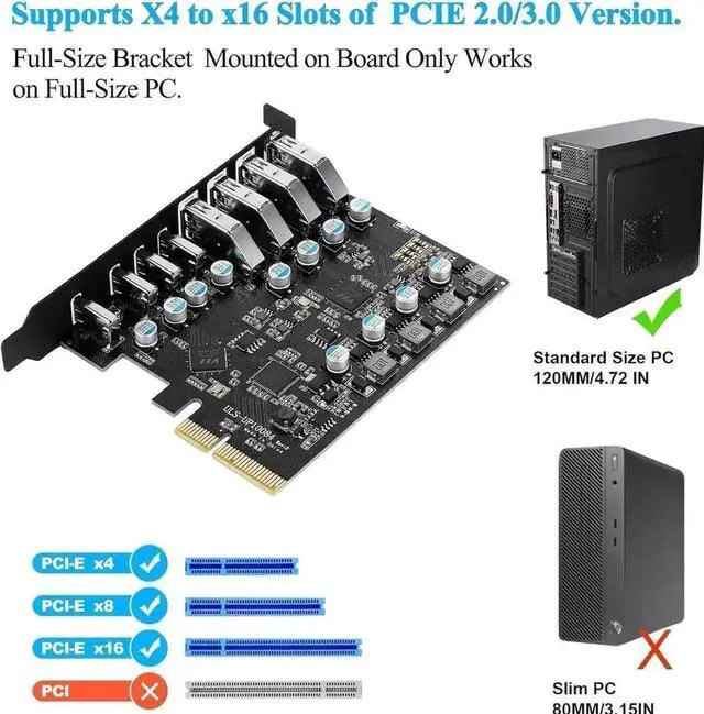 Alt view image 3 of 7 - 8-Port PCI-E USB 3.2 Gen2 Expansion Card, 4 USB-A + 4 USB-C 10Gbps PCI Express Hub Adapter, Compatible PCIe x4/x8/x16 Slot for Desktop Motherboard
