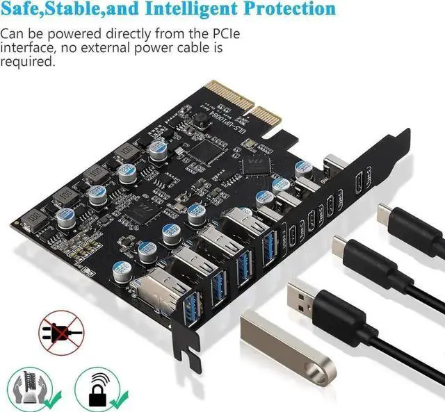 Alt view image 2 of 7 - 8-Port PCI-E USB 3.2 Gen2 Expansion Card, 4 USB-A + 4 USB-C 10Gbps PCI Express Hub Adapter, Compatible PCIe x4/x8/x16 Slot for Desktop Motherboard