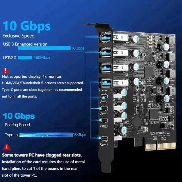 Alt view image 5 of 7 - 8-Port PCI-E USB 3.2 Gen2 Expansion Card, 4 USB-A + 4 USB-C 10Gbps PCI Express Hub Adapter, Compatible PCIe x4/x8/x16 Slot for Desktop Motherboard