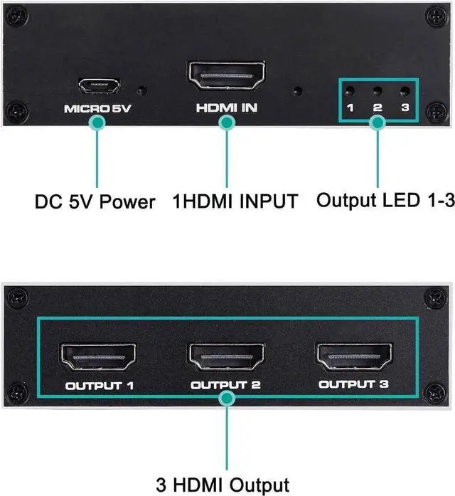 Alt view image 4 of 7 - 1 in 3 Out 4K HDMI Splitter 1x3 Version 1.4 HDCP Powered Splitter, Supports 4K@30Hz, 3D & 1080P, Duplicate Single Source to 3 HD Displays, Power Adapter Included