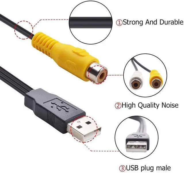 Alt view image 5 of 6 - USB 2.0 Male to 3RCA Female AV Composite Audio Video Capture Cable, USB to RCA Capture Adapter Cord for PC MAC HDD DVR, 1 Pack