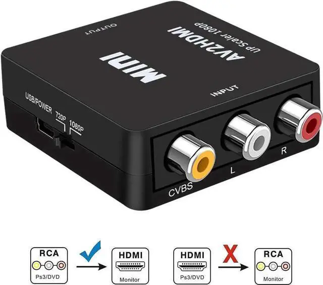 Main image of Black Mini 1080P 3RCA CVBS AV to HDMI Converter Adapter, Analog to Digital Audio Video Converter Supports PAL/NTSC with USB Power Cable, Compatible Laptop PC Xbox PS3 PS4 STB VHS VCR DVD