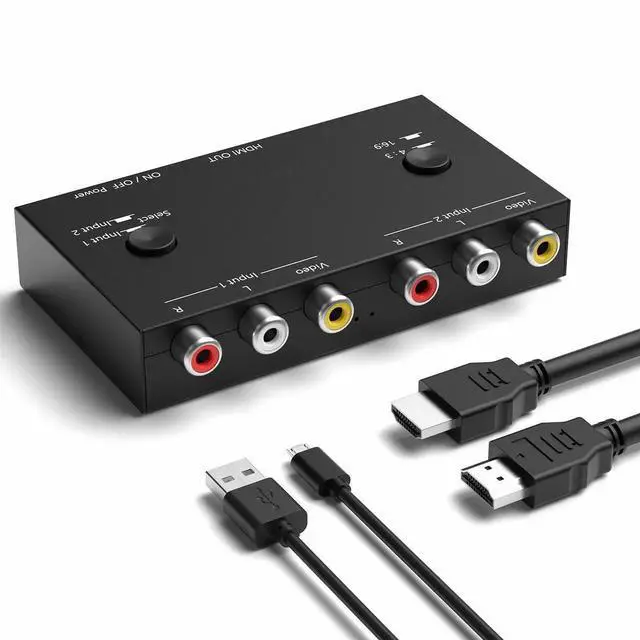 Main image of 2 Input RCA CVBS AV Switch to HDMI Converter, 1080P Dual 3RCA Composite to HDMI Adapter with 4:3/16:9 Aspect Ratio Adjustment, Compatible Xbox PS2 PS3 N64 NGC SNES Wii VHS VCR Camera Laptop PC