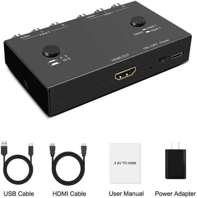 Alt view image 5 of 7 - 2 Input RCA CVBS AV Switch to HDMI Converter, 1080P Dual 3RCA Composite to HDMI Adapter with 4:3/16:9 Aspect Ratio Adjustment, Compatible Xbox PS2 PS3 N64 NGC SNES Wii VHS VCR Camera Laptop PC