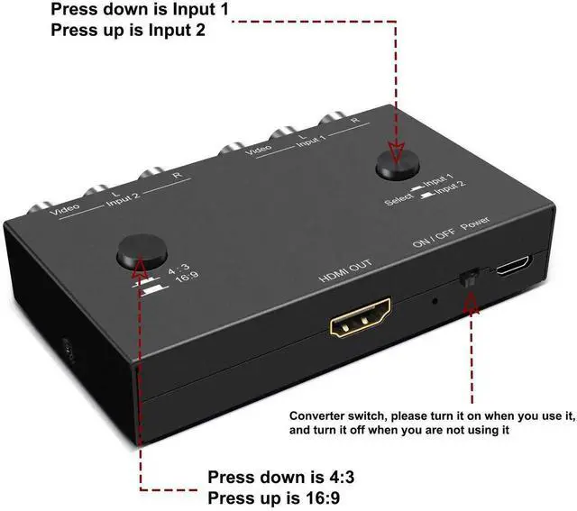 Alt view image 3 of 7 - 2 Input RCA CVBS AV Switch to HDMI Converter, 1080P Dual 3RCA Composite to HDMI Adapter with 4:3/16:9 Aspect Ratio Adjustment, Compatible Xbox PS2 PS3 N64 NGC SNES Wii VHS VCR Camera Laptop PC