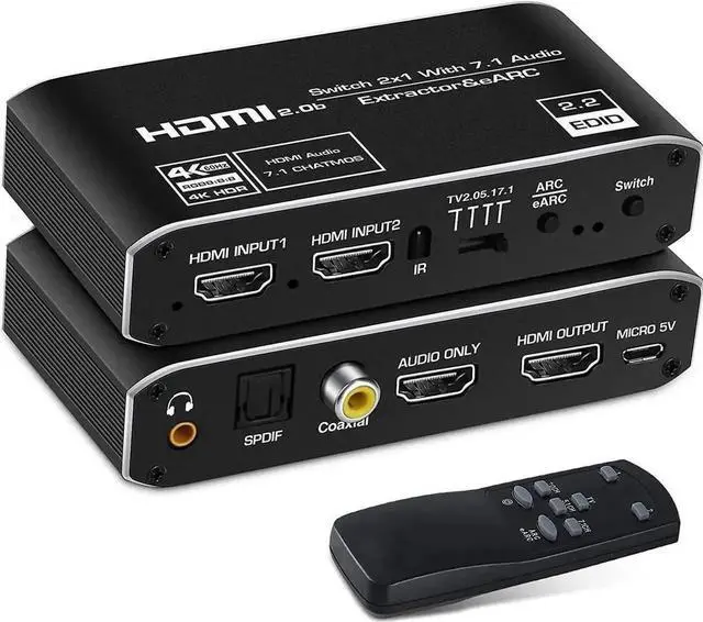 Main image of 2x1 4K@60Hz HDMI 2.0b Switch with eARC Audio Extractor & Remote, HDMI Audio Converter Support 7.1CH Dolby Atmos, ARC/eARC, Optical SPDIF, Coaxial & 3.5mm Stereo Out, HDCP2.3 Compliant