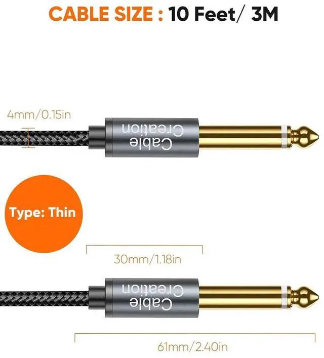 Alt view image 7 of 7 - 10FT/3M Nylon Braided 1/4 Inch TS Guitar Instrument Cable, 6.35mm Straight Male to Male Mono Audio Cord for Electric Guitar Bass Keyboard Mixer Amplifier Speaker Equalizer