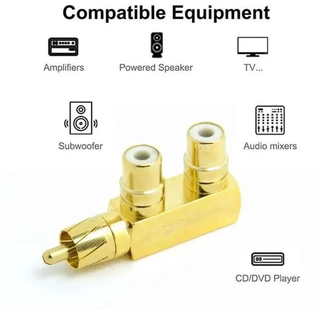 Alt view image 7 of 7 - 90 Degree Gold Plated RCA Y Splitter Adapter, 1 RCA Male to 2 RCA Female Angled AV Audio Connector