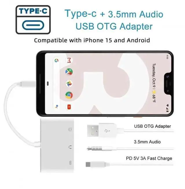 Alt view image 4 of 7 - 3-in-1 USB C Adapter, Type C to 3.5mm AUX + USB2.0 OTG + PD Fast Charging Dongle for Phones Tablets Laptops