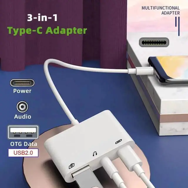 Alt view image 6 of 7 - 3-in-1 USB C Adapter, Type C to 3.5mm AUX + USB2.0 OTG + PD Fast Charging Dongle for Phones Tablets Laptops