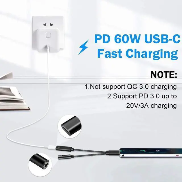 Alt view image 2 of 7 - USB C to 3.5mm Headphone Audio Adapter, 2-in-1 Type C AUX Dongle with 60W PD Fast Charging for Samsung Galaxy Pixel Series Phones